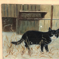 Black and White Cat in Tall Grass, Oil on Board Painting, Framed