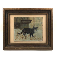 Black and White Cat in Tall Grass, Oil on Board Painting, Framed