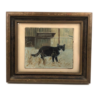 Black and White Cat in Tall Grass, Oil on Board Painting, Framed
