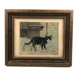 Black and White Cat in Tall Grass, Oil on Board Painting, Framed