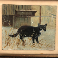 Black and White Cat in Tall Grass, Oil on Board Painting, Framed