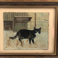 Black and White Cat in Tall Grass, Oil on Board Painting, Framed
