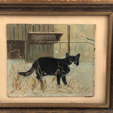 Black and White Cat in Tall Grass, Oil on Board Painting, Framed