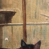 Black and White Cat in Tall Grass, Oil on Board Painting, Framed