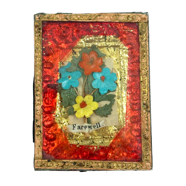 Farewell, Mid 19th Century Reverse Painted Glass, Foil and Paper Flowers Forget Me Not