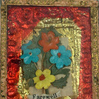 Farewell, Mid 19th Century Reverse Painted Glass, Foil and Paper Flowers Forget Me Not