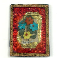 Farewell, Mid 19th Century Reverse Painted Glass, Foil and Paper Flowers Forget Me Not