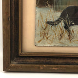 Black and White Cat in Tall Grass, Oil on Board Painting, Framed