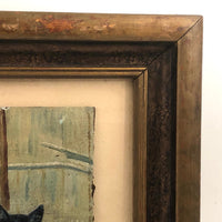 Black and White Cat in Tall Grass, Oil on Board Painting, Framed