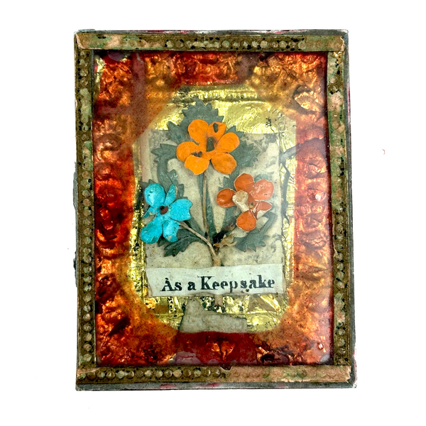 As a Keepsake, Mid 19th Century Reverse Painted Glass, Foil and Paper Flowers Forget Me Not