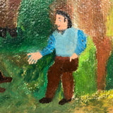 Men Talking, Charles Rubin Oil on Board in Adirondack Frame