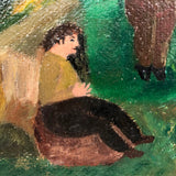 Men Talking, Charles Rubin Oil on Board in Adirondack Frame