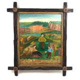Men Talking, Charles Rubin Oil on Board in Adirondack Frame