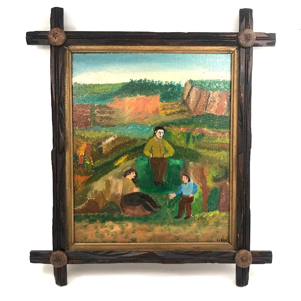 Men Talking, Charles Rubin Oil on Board in Adirondack Frame