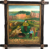 Men Talking, Charles Rubin Oil on Board in Adirondack Frame