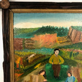 Men Talking, Charles Rubin Oil on Board in Adirondack Frame