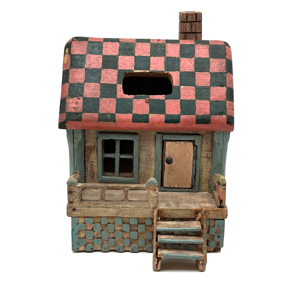 Amazing Old Scratch Built Wooden Folk Art House Bank with Checkerboard Roof, Opening Door and Intensively Carved Details