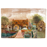 Cottage with Many Flowers and Milk Maid, Charming Naive Painting on Paper