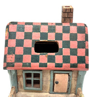 Amazing Old Scratch Built Wooden Folk Art House Bank with Checkerboard Roof, Opening Door and Intensively Carved Details
