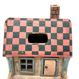 Amazing Old Scratch Built Wooden Folk Art House Bank with Checkerboard Roof, Opening Door and Intensively Carved Details