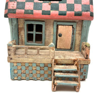 Amazing Old Scratch Built Wooden Folk Art House Bank with Checkerboard Roof, Opening Door and Intensively Carved Details