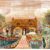 Cottage with Many Flowers and Milk Maid, Charming Naive Painting on Paper