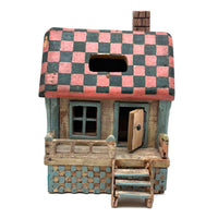 Amazing Old Scratch Built Wooden Folk Art House Bank with Checkerboard Roof, Opening Door and Intensively Carved Details