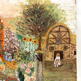 Cottage with Many Flowers and Milk Maid, Charming Naive Painting on Paper