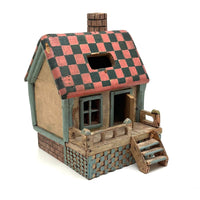 Amazing Old Scratch Built Wooden Folk Art House Bank with Checkerboard Roof, Opening Door and Intensively Carved Details