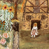 Cottage with Many Flowers and Milk Maid, Charming Naive Painting on Paper