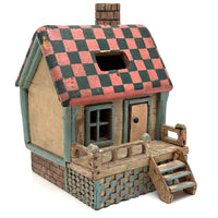 Amazing Old Scratch Built Wooden Folk Art House Bank with Checkerboard Roof, Opening Door and Intensively Carved Details