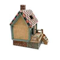 Amazing Old Scratch Built Wooden Folk Art House Bank with Checkerboard Roof, Opening Door and Intensively Carved Details