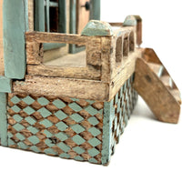 Amazing Old Scratch Built Wooden Folk Art House Bank with Checkerboard Roof, Opening Door and Intensively Carved Details