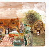 Cottage with Many Flowers and Milk Maid, Charming Naive Painting on Paper