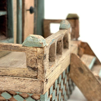 Amazing Old Scratch Built Wooden Folk Art House Bank with Checkerboard Roof, Opening Door and Intensively Carved Details
