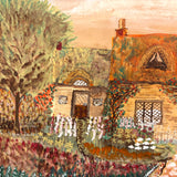 Cottage with Many Flowers and Milk Maid, Charming Naive Painting on Paper