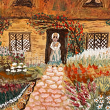 Cottage with Many Flowers and Milk Maid, Charming Naive Painting on Paper