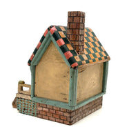 Amazing Old Scratch Built Wooden Folk Art House Bank with Checkerboard Roof, Opening Door and Intensively Carved Details