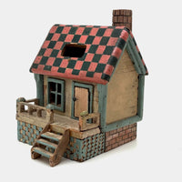Amazing Old Scratch Built Wooden Folk Art House Bank with Checkerboard Roof, Opening Door and Intensively Carved Details