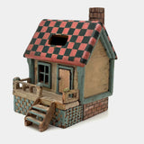 Amazing Old Scratch Built Wooden Folk Art House Bank with Checkerboard Roof, Opening Door and Intensively Carved Details