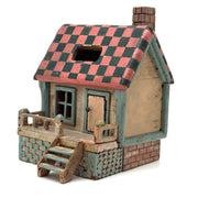 Amazing Old Scratch Built Wooden Folk Art House Bank with Checkerboard Roof, Opening Door and Intensively Carved Details