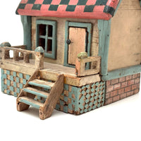 Amazing Old Scratch Built Wooden Folk Art House Bank with Checkerboard Roof, Opening Door and Intensively Carved Details