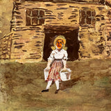 Cottage with Many Flowers and Milk Maid, Charming Naive Painting on Paper