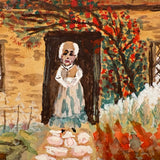 Cottage with Many Flowers and Milk Maid, Charming Naive Painting on Paper