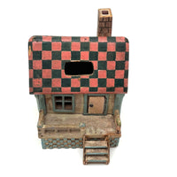 Amazing Old Scratch Built Wooden Folk Art House Bank with Checkerboard Roof, Opening Door and Intensively Carved Details