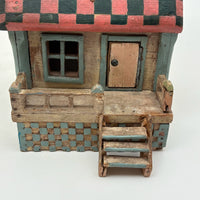 Amazing Old Scratch Built Wooden Folk Art House Bank with Checkerboard Roof, Opening Door and Intensively Carved Details