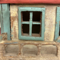 Amazing Old Scratch Built Wooden Folk Art House Bank with Checkerboard Roof, Opening Door and Intensively Carved Details