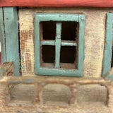 Amazing Old Scratch Built Wooden Folk Art House Bank with Checkerboard Roof, Opening Door and Intensively Carved Details