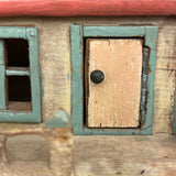 Amazing Old Scratch Built Wooden Folk Art House Bank with Checkerboard Roof, Opening Door and Intensively Carved Details