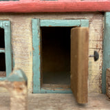 Amazing Old Scratch Built Wooden Folk Art House Bank with Checkerboard Roof, Opening Door and Intensively Carved Details